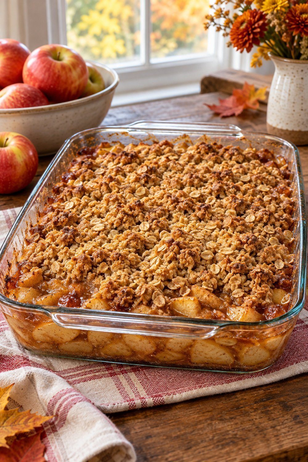 Freshly baked golden oat apple crisp bubbling in a rectangular glass dish
