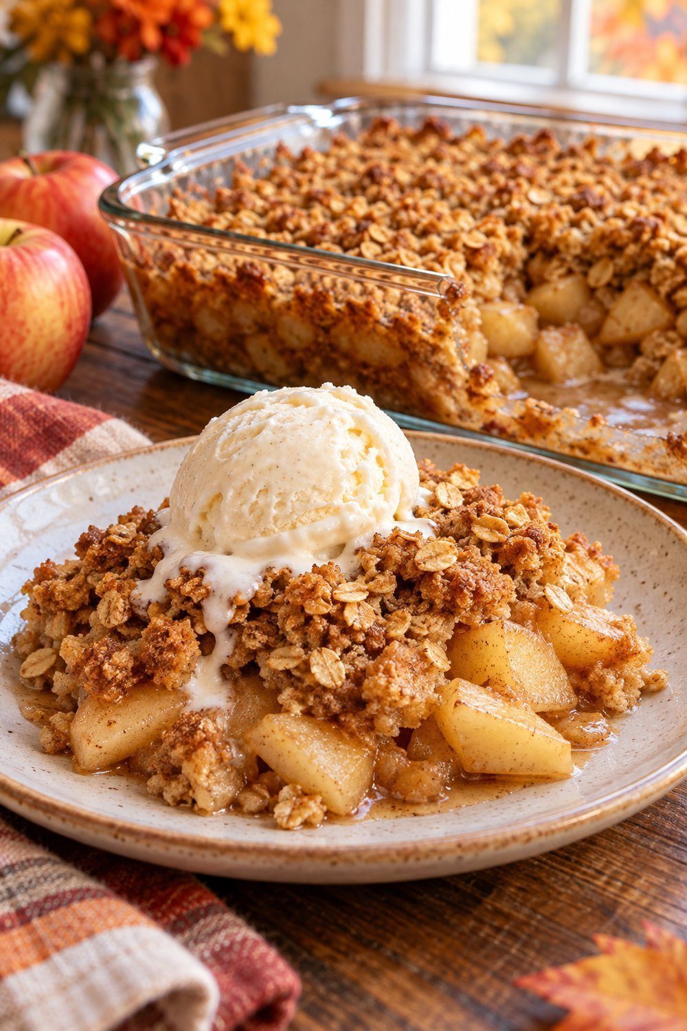 Warm apple crisp serving with vanilla ice cream beside glass baking dish