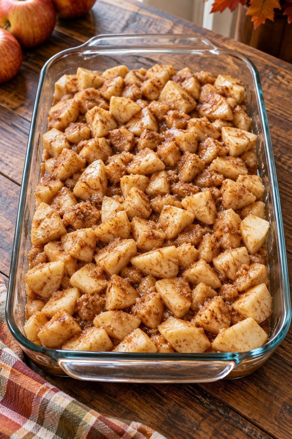 Cinnamon coated apple pieces spread evenly in a rectangular glass baking dish