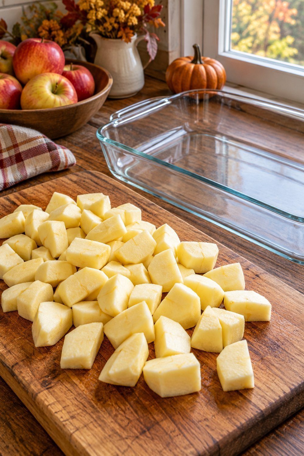 Peeled apple pieces cut evenly beside a clear rectangular glass baking dish