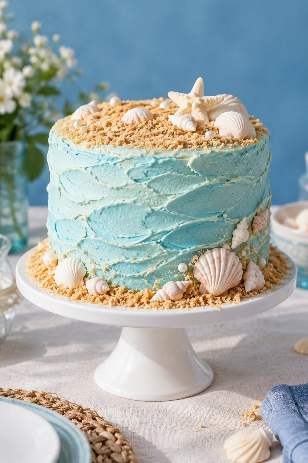 A coconut beach cake with chocolate shells stands against a blue backdrop