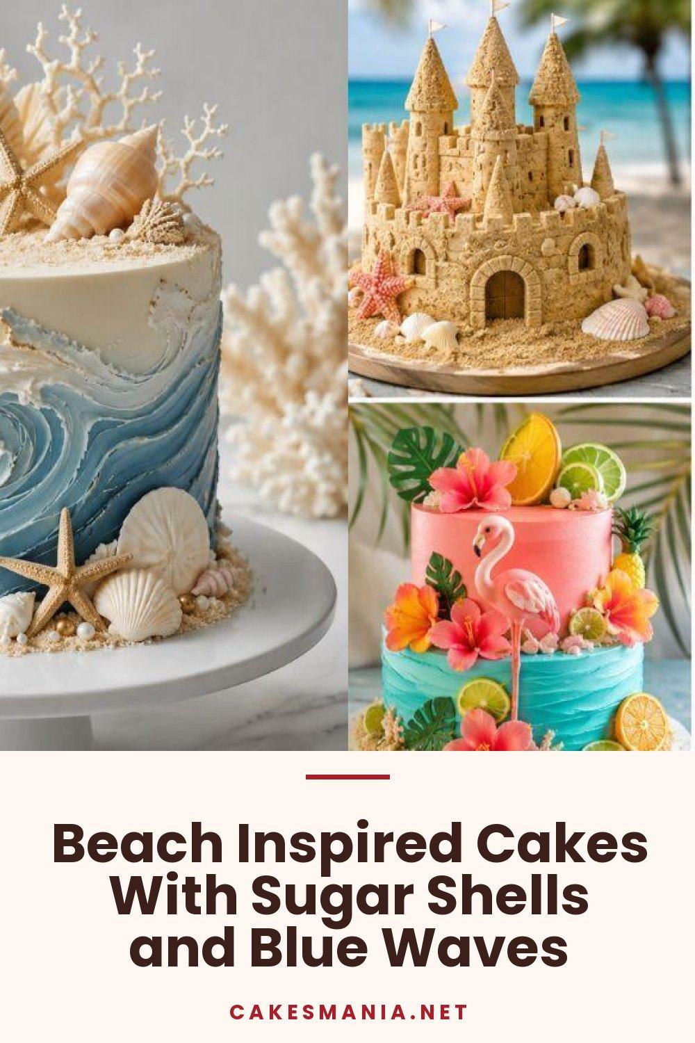 Beach Inspired Cakes With Sugar Shells and Blue Waves