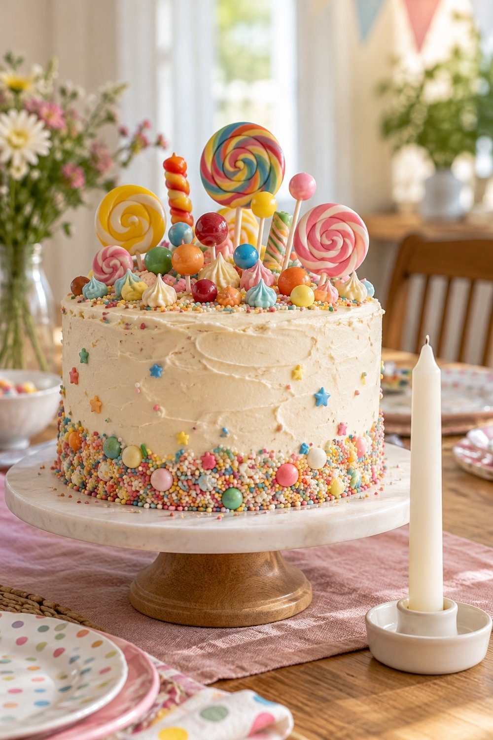 Colorful lollipop skyline tops a cake beside a separate unlit candle