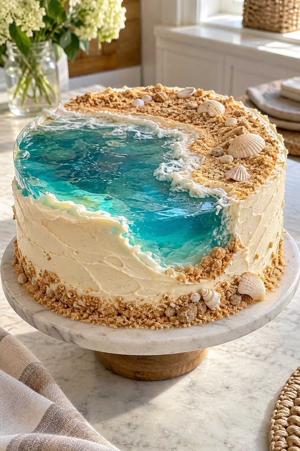 Blue gelatin water meets graham sand and candy shells on a beach cake