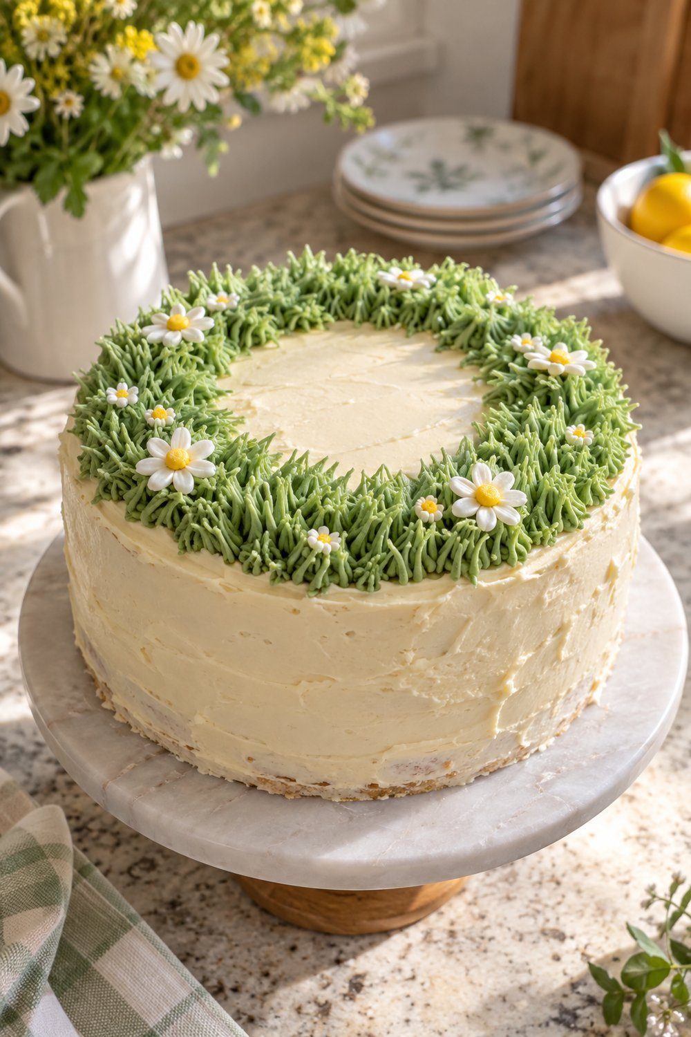 Green buttercream grass surrounds a clearing with small edible garden flowers