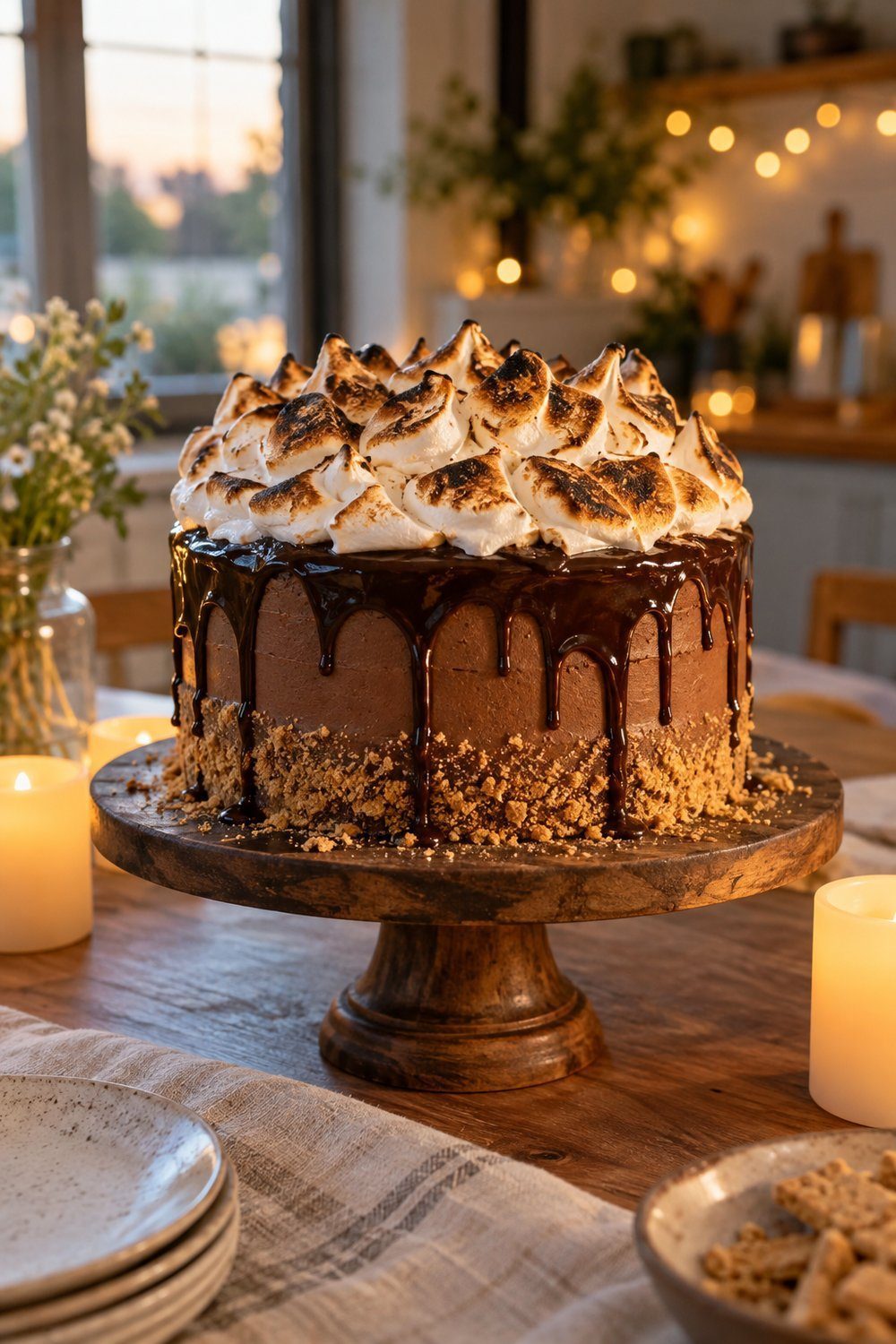 Toasted marshmallow cake glows beside flameless candles and warm string lights