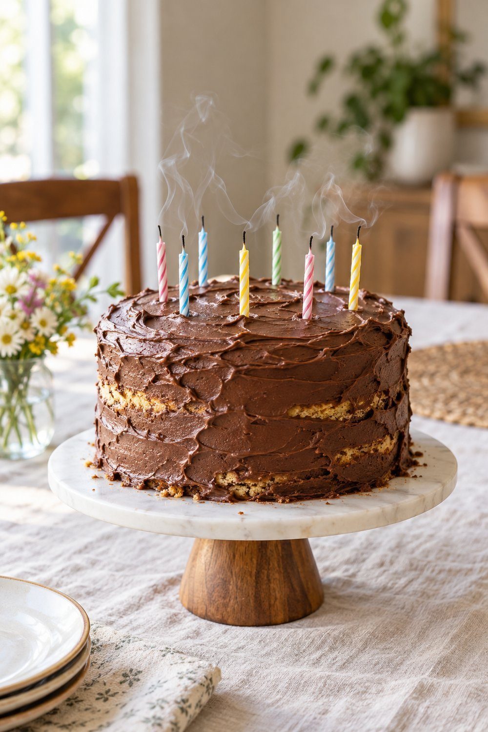 Extinguished candles release wisps of smoke above a chocolate-frosted birthday cake