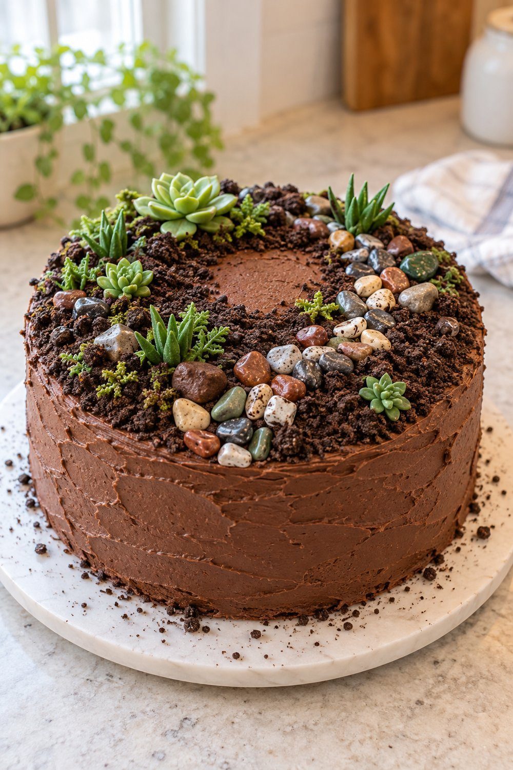 Chocolate cookie soil, candy rocks and edible succulents top a frosted cake