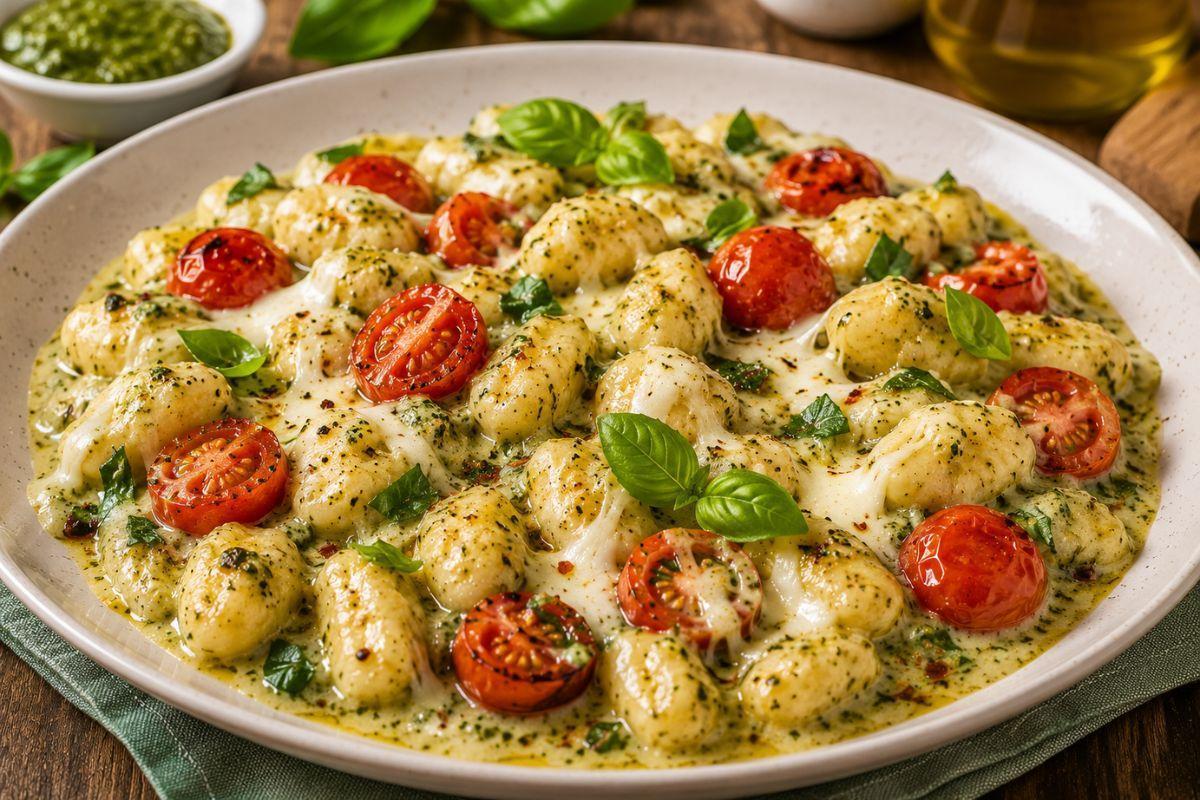 Creamy Pesto Gnocchi with Cherry Tomatoes and Mozzarella %title % creamy pesto gnocchi with cherry tomatoes and mozzarella