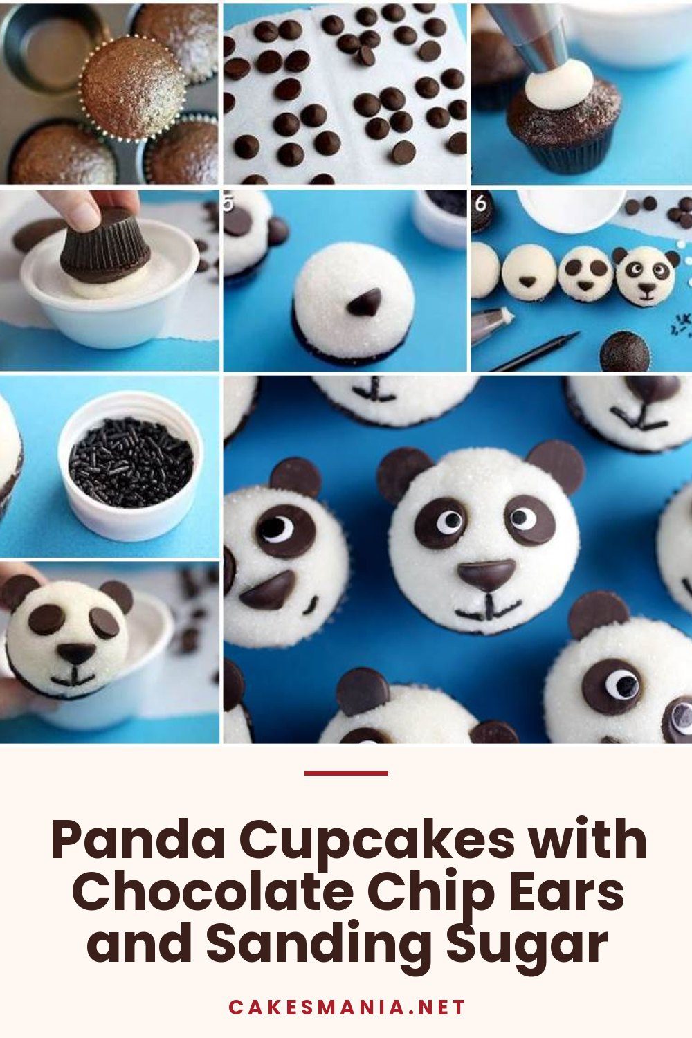 Panda Cupcakes with Chocolate Chip Ears and Sanding Sugar