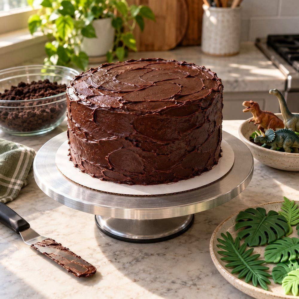 Chilled chocolate layer cake covered with a rough thin ganache coat