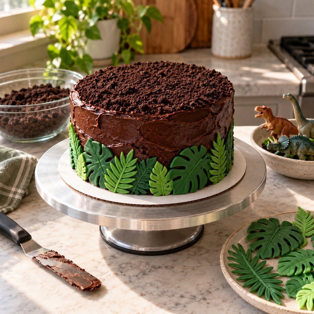 Cookie crumb dirt pressed onto cake with green leaves around the sides