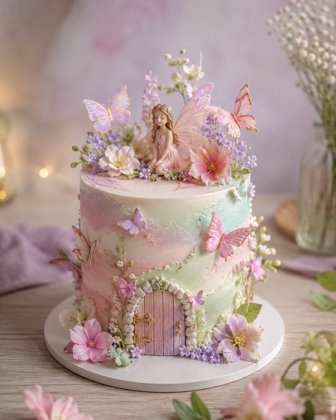 Fairy Garden Cake with Edible Flowers and Pastel Frosting %title % fairy garden party cake recipe 4