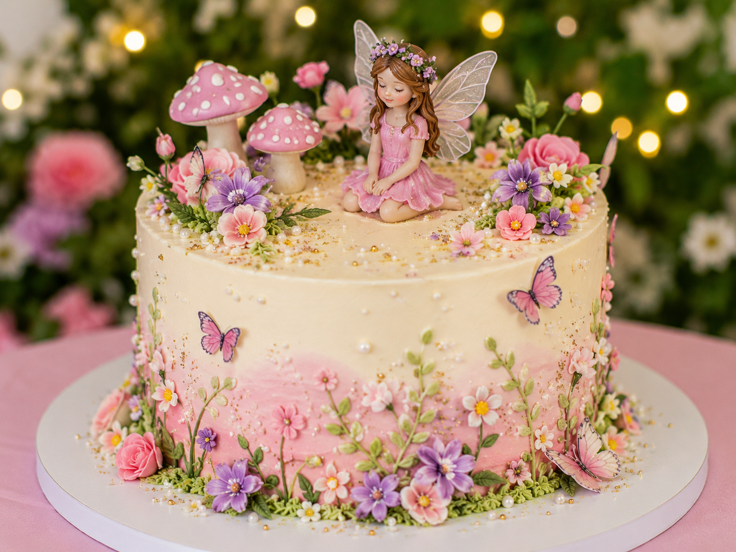Fairy Garden Cake with Edible Flowers and Pastel Frosting %title % fairy garden party cake recipe