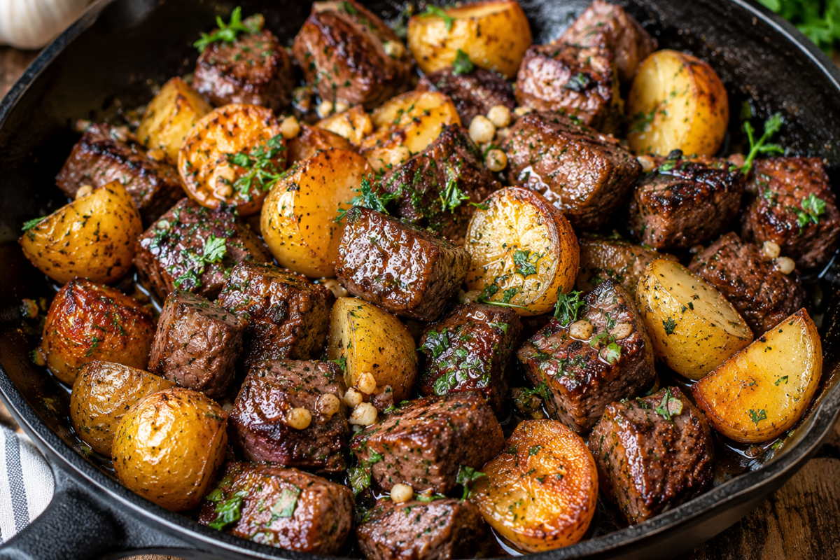 Garlic Butter Steak Bites with Crispy Potatoes %title % garlic butter steak bites with crispy potatoes