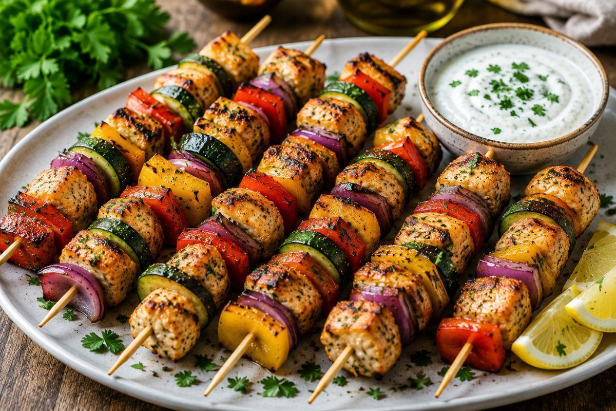 Grilled Chicken and Vegetable Skewers with Creamy Yogurt Herb Sauce %title % grilled chicken and vegetable skewers with creamy yogurt herb sauce
