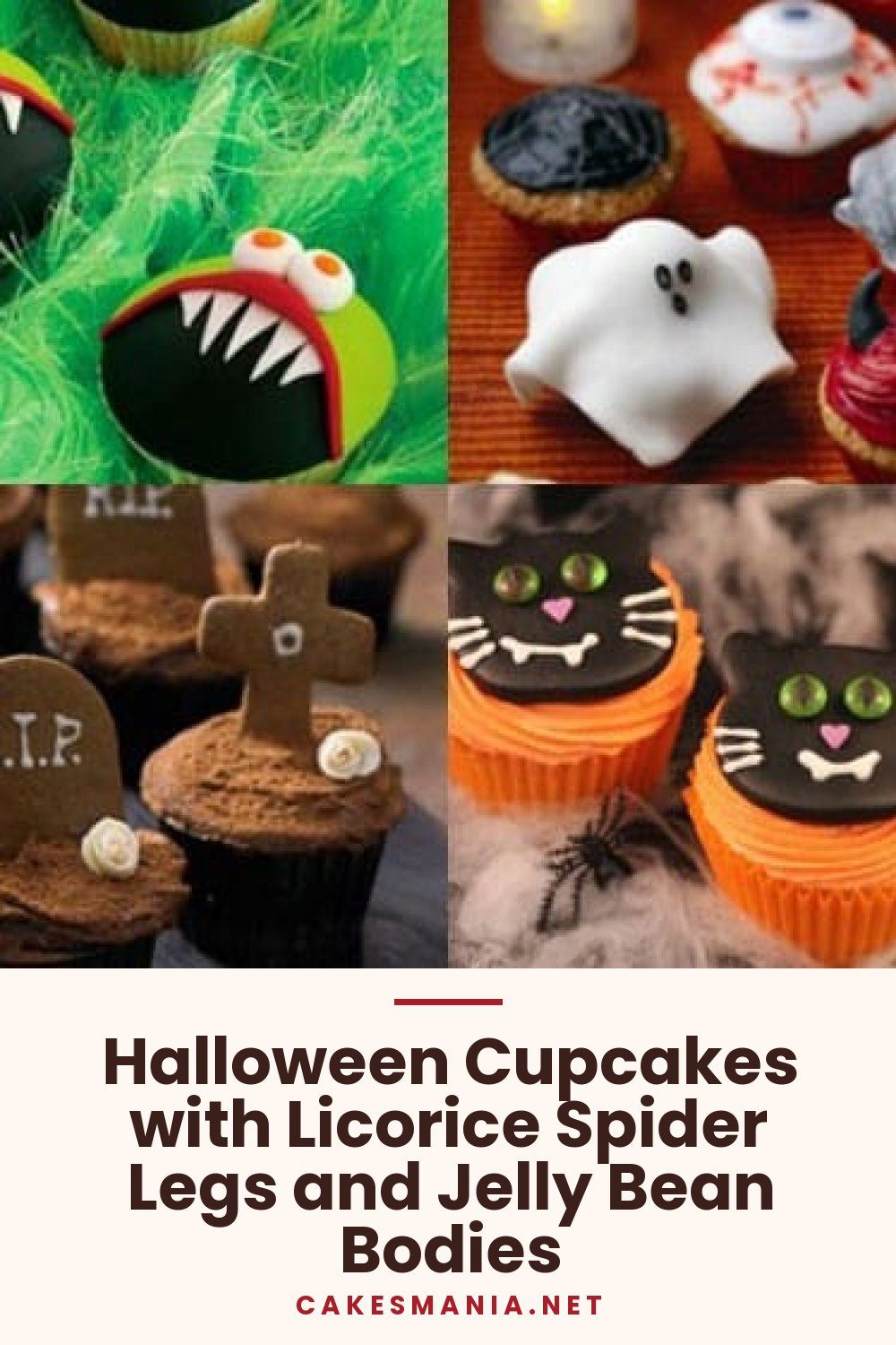 Halloween Cupcakes with Licorice Spider Legs and Jelly Bean Bodies