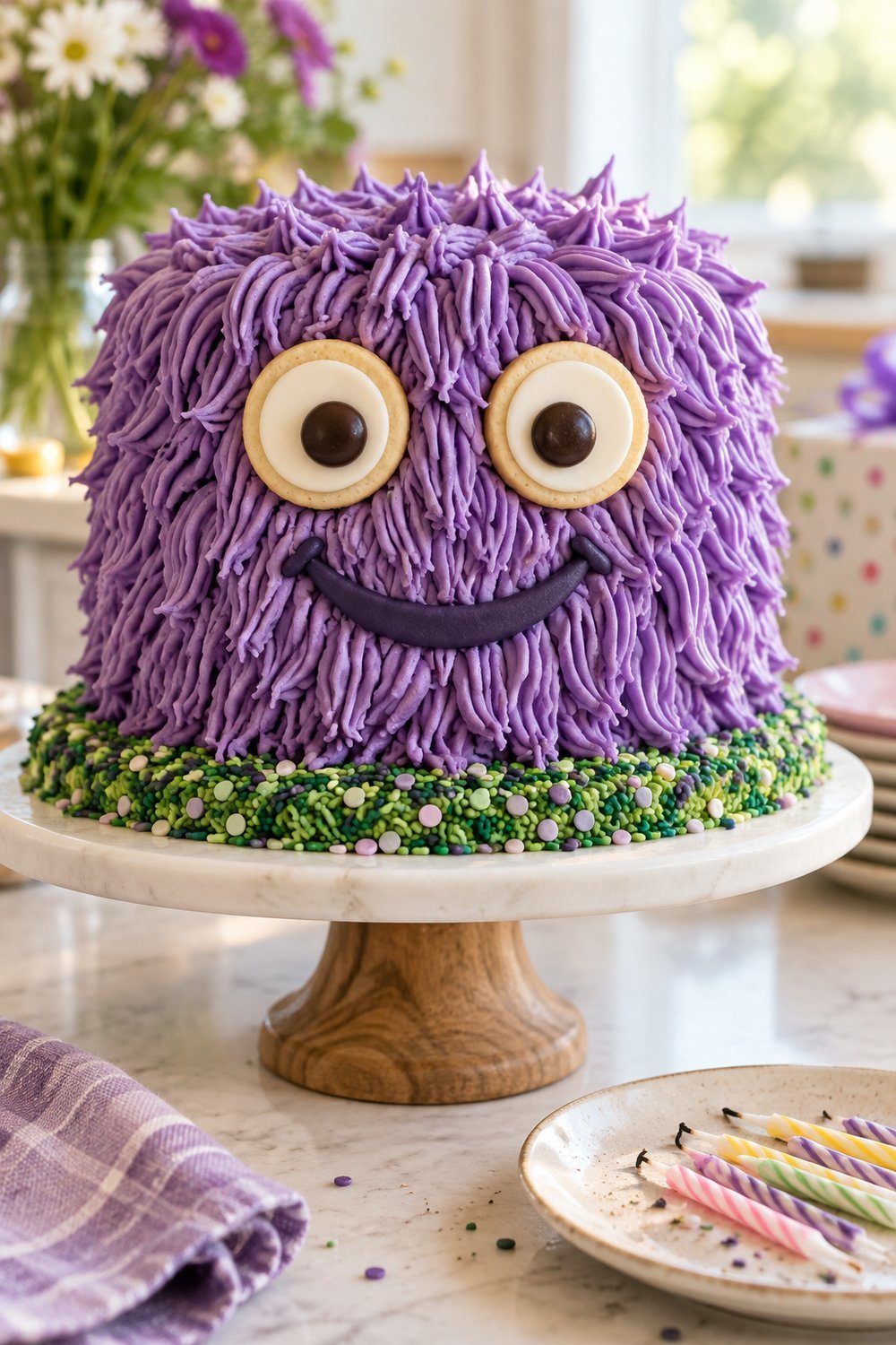 Purple buttercream monster face has cookie eyes and a fondant smile