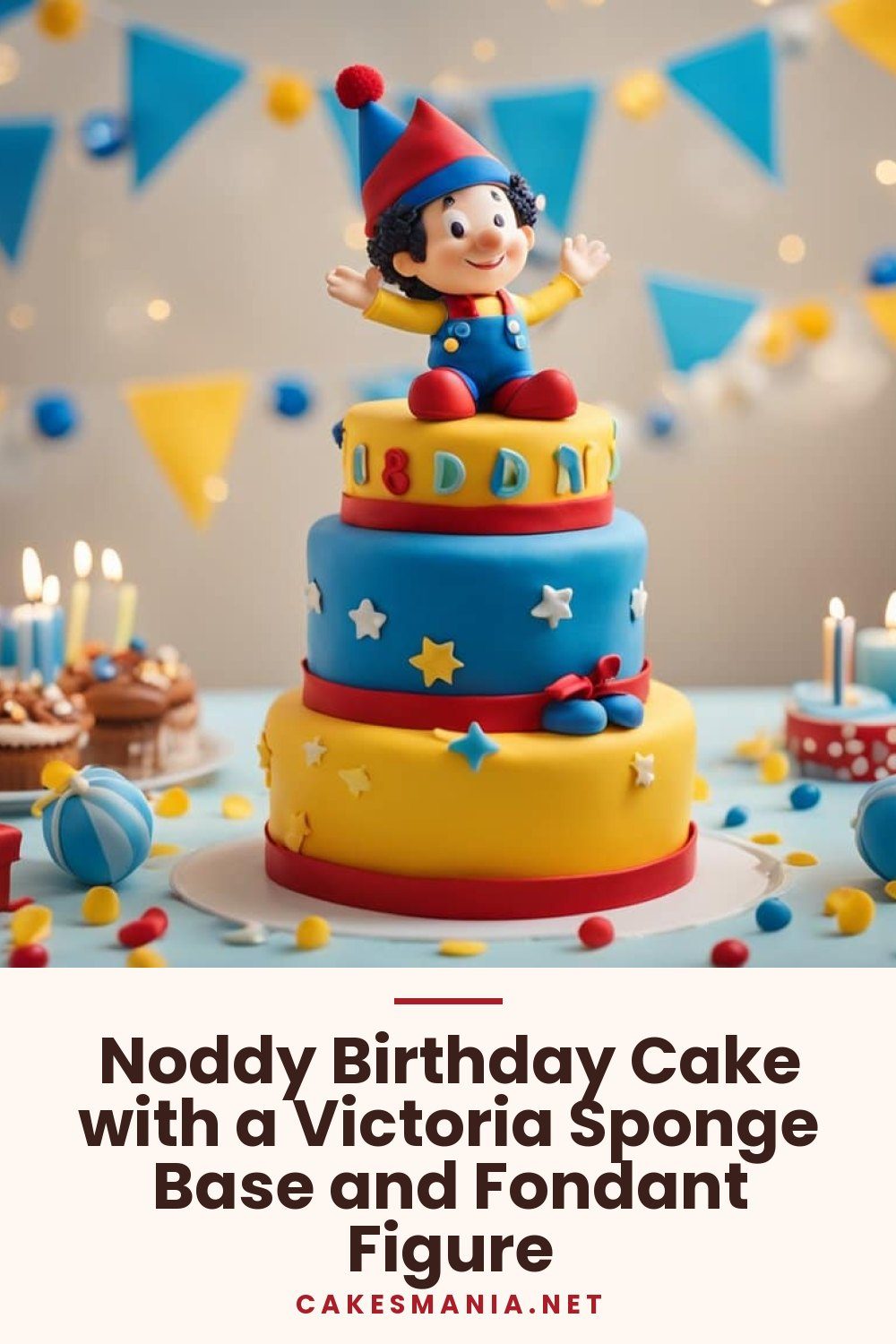 Noddy Birthday Cake with a Victoria Sponge Base and Fondant Figure