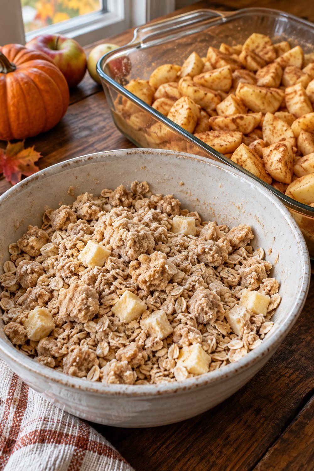Coarse brown sugar butter crumbs with whole rolled oats in mixing bowl