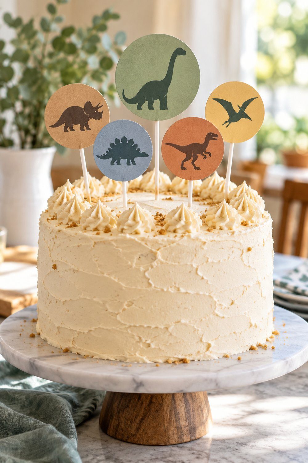 Paper dinosaur medallions stand above buttercream on clean food-safe sticks