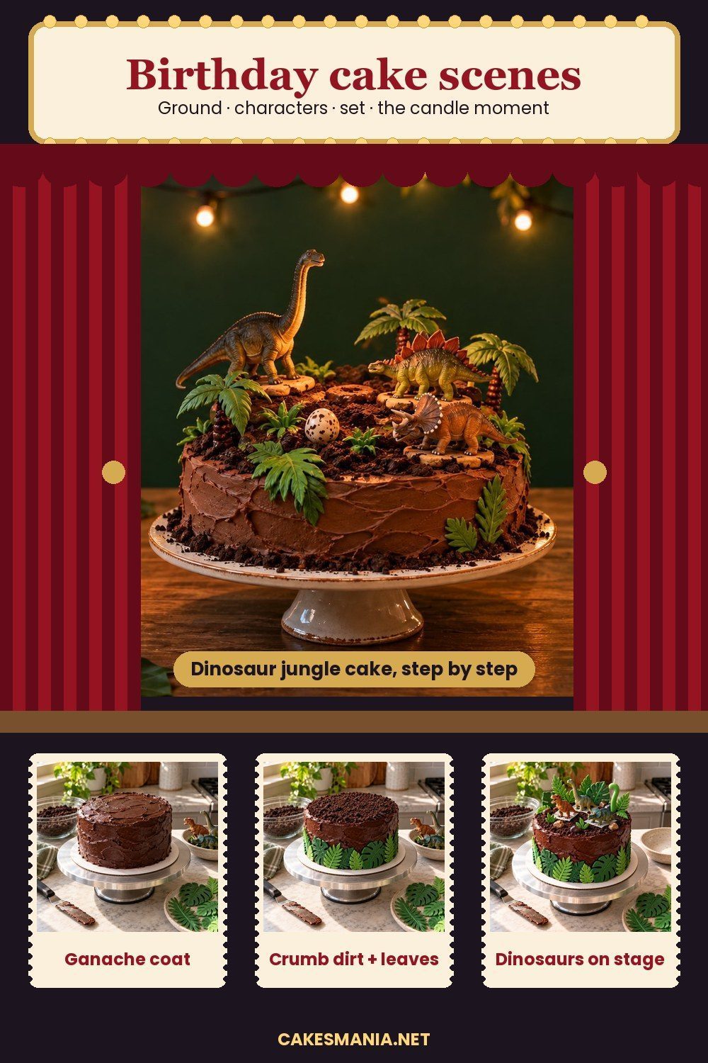 Pin of birthday cake scenes: a dinosaur jungle cake on a theater stage with three step-by-step photos