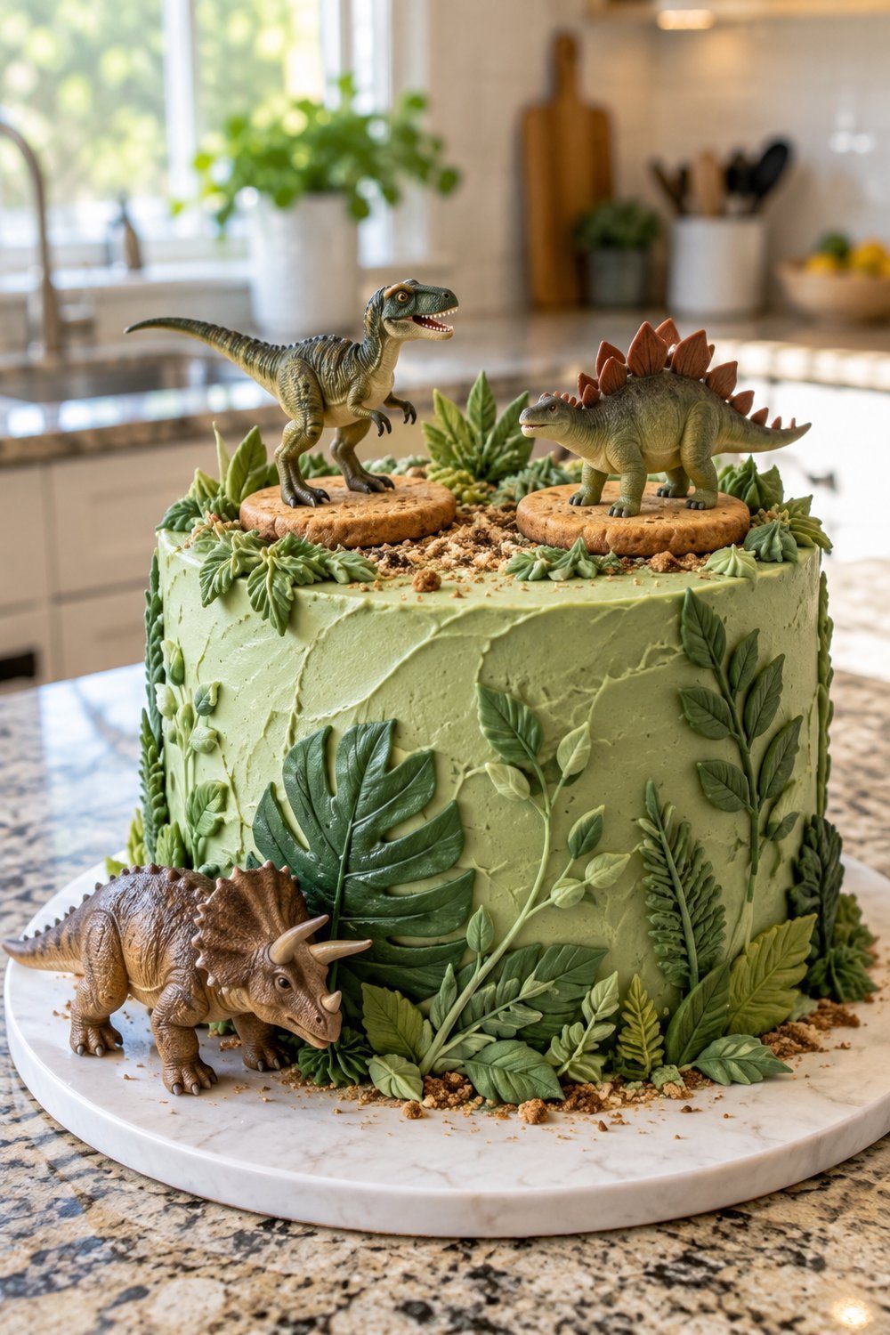 Washed toy dinosaurs stand on broad cookie barriers above green frosting