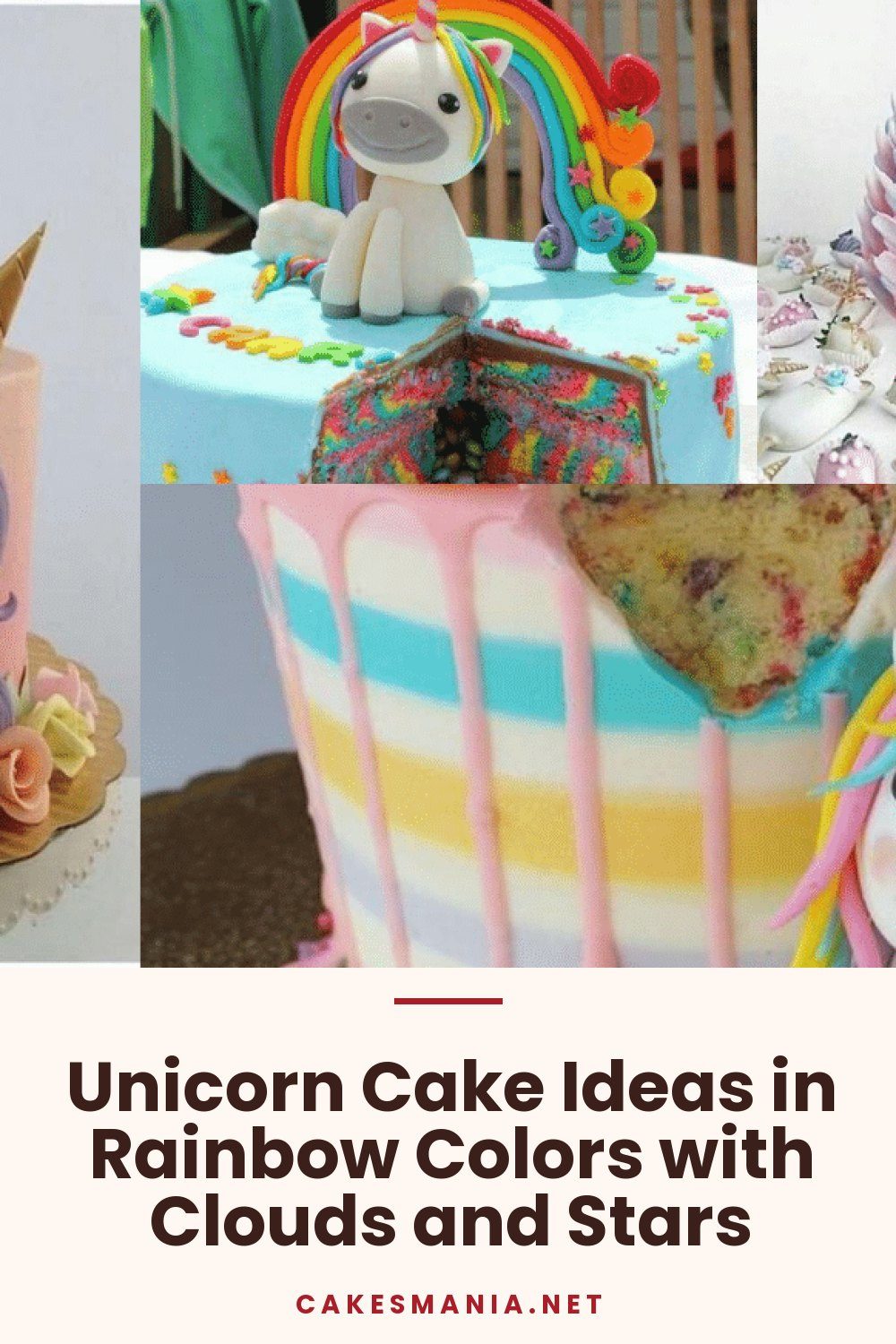 Unicorn Cake Ideas in Rainbow Colors with Clouds and Stars