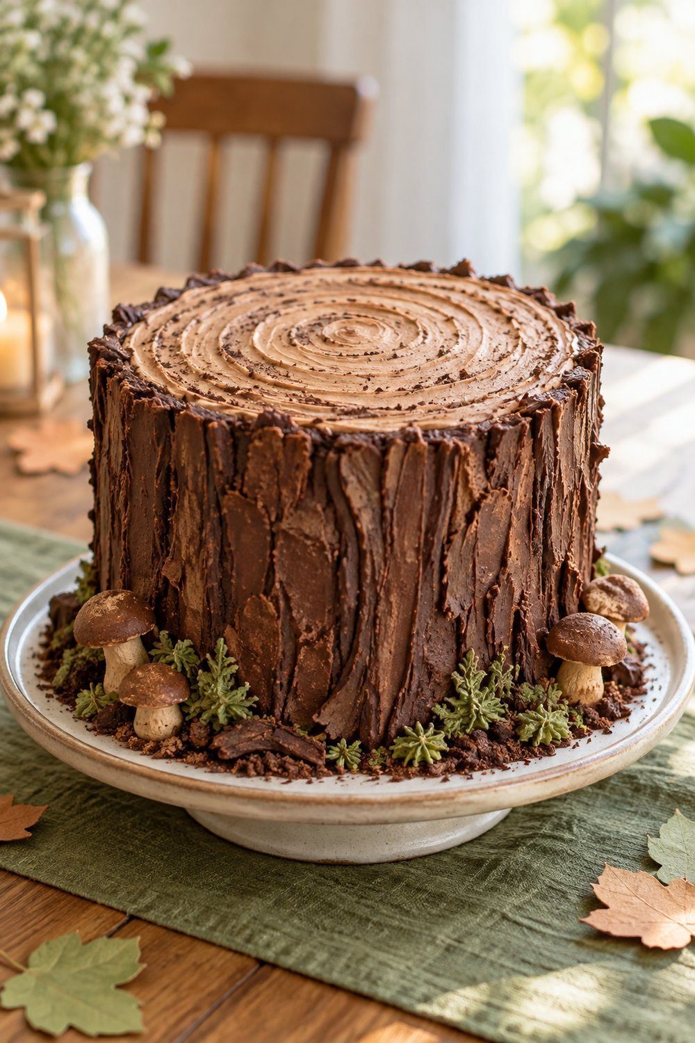 Chocolate bark cake sits with sugar mushrooms above a green fabric runner